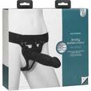 Body Extensions Be Bold Silicone Harness 8 Inch Dong Black packaging showcasing a two-piece hollow strap-on system.