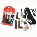 Vac-U-Lock Vibrating Ultraskyn Strap-On Set Chocolate in packaging with attachments and harness laid out.