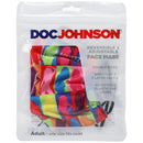 Doc Johnson Main Squeeze Reversible Adjustable Face Mask in packaging with colorful design and adjustable ear loops.