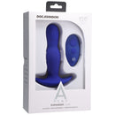A-Play Expander Silicone Anal Plug With Remote Royal Blue packaging featuring a silicone anal plug and wireless remote.