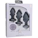A-Play Silicone Anal Trainer Set 3 Piece Grey package displaying three graduated silicone plugs.