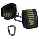 Fort Troff Tactical Ankle Cuffs Black and Green with Velcro closures and carabiner for bondage play.