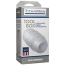 Titanmen Tool Box Clear Ultraskyn Masturbator packaging featuring a discreet, ribbed design.