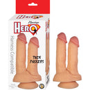 Hero Twin Fuckers Double Penetration Dildo White in packaging, featuring dual shafts and suction cup base.