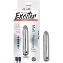 Exciter Multi Function Bullet Vibe Silver packaging and product showcasing 3 speeds and 7 modes for targeted pleasure.