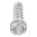 Dream-lite Crystal Vagina Masturbator Clear showing a crystal-clear handheld stroker with a realistic vaginal opening.