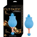 Nasstoys Clit-tastic Rose Bud Dual Massager Blue packaging and product features 8 tongue licking and 7 vibration functions.