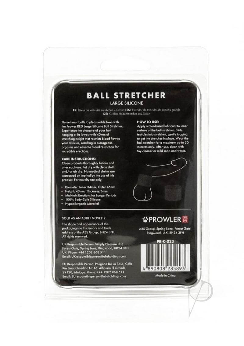 Prowler RED Silicone Ball Stretcher Large Black packaging with instructions and care information.