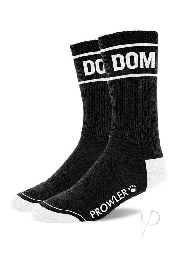 Prowler RED Dom Socks Black White showcasing bold white 'DOM' lettering and Prowler logo on a sleek black design.
