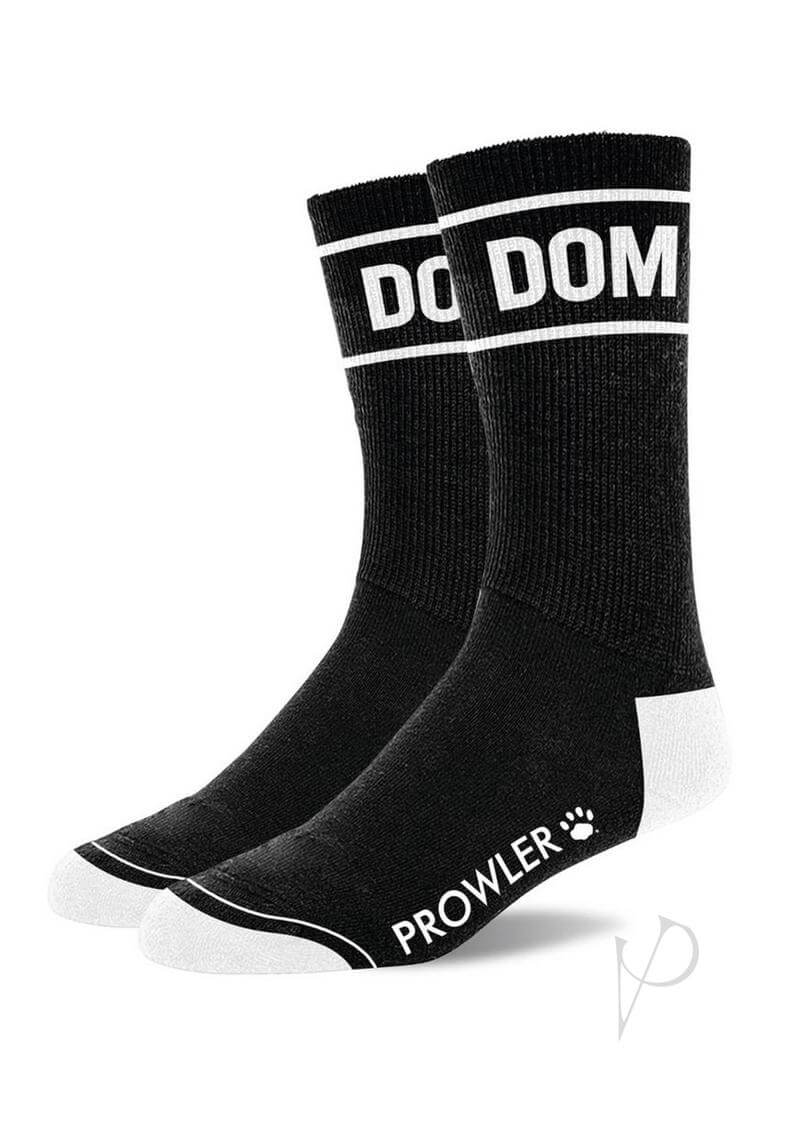 Prowler RED Dom Socks Black White showcasing bold white 'DOM' lettering and Prowler logo on a sleek black design.