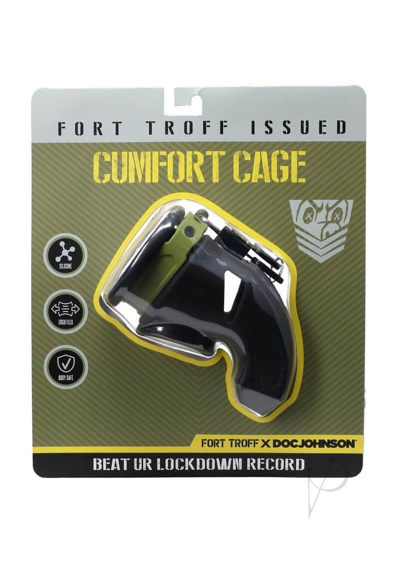 Fort Troff CUMfort Cage in packaging, featuring flexible chastity device design for comfort and security.