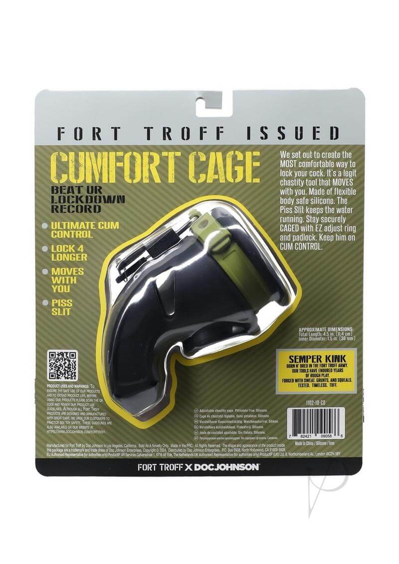 Fort Troff CUMfort Cage packaging showcasing black silicone chastity device with adjustable features and piss slit.