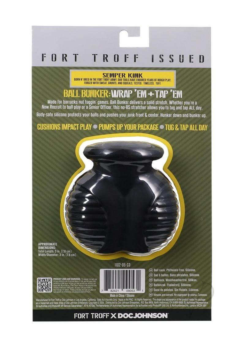 Fort Troff Ball Bunker Black packaging showcasing body-safe silicone design for impact play and comfort.