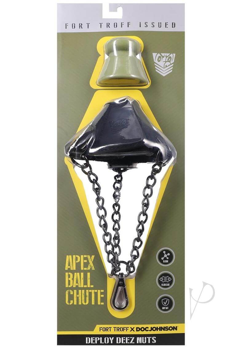 Fort Troff Apex Ball Chute packaging with black silicone stretcher and chains for enhanced ball play stimulation.
