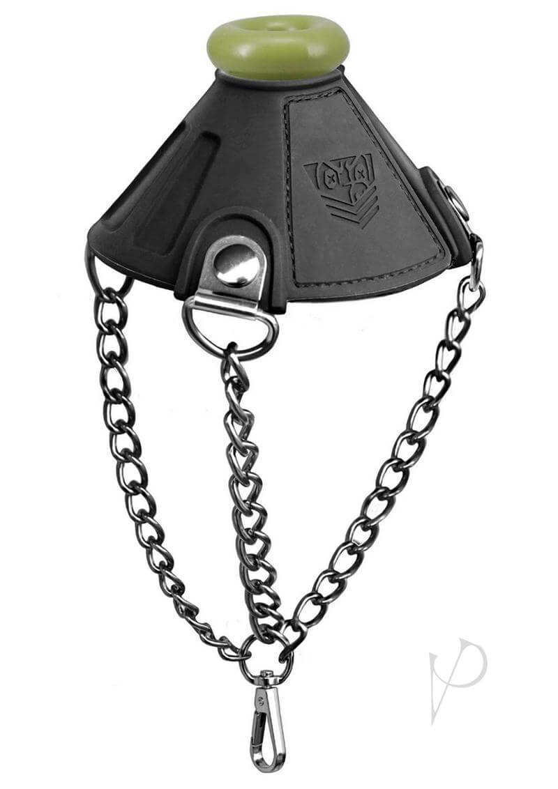 Fort Troff Apex Ball Chute in black silicone with chains and green top for enhanced ball stimulation.