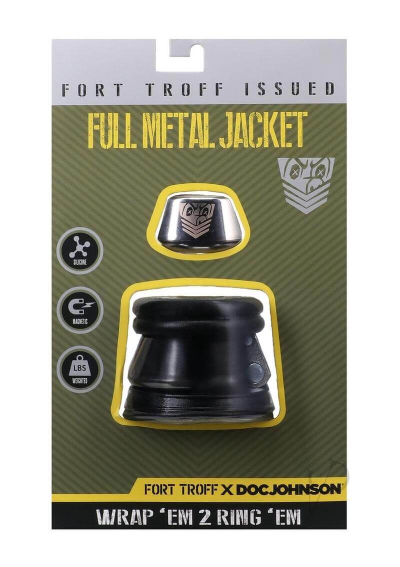 Fort Troff Full Metal Jacket Black cock and ball ring packaging featuring innovative design and branding elements.