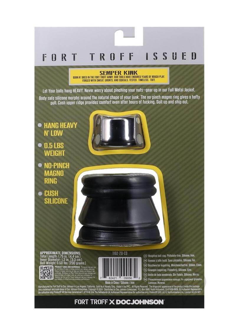 Fort Troff Full Metal Jacket Black packaging showing product features like weight, silicone material, and no-pinch design.