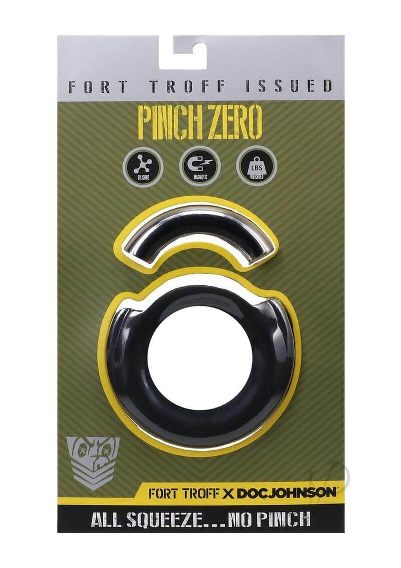 Fort Troff Pinch Zero Ring packaging showcasing the black metal cock ring designed for comfort and zero pinch experience.