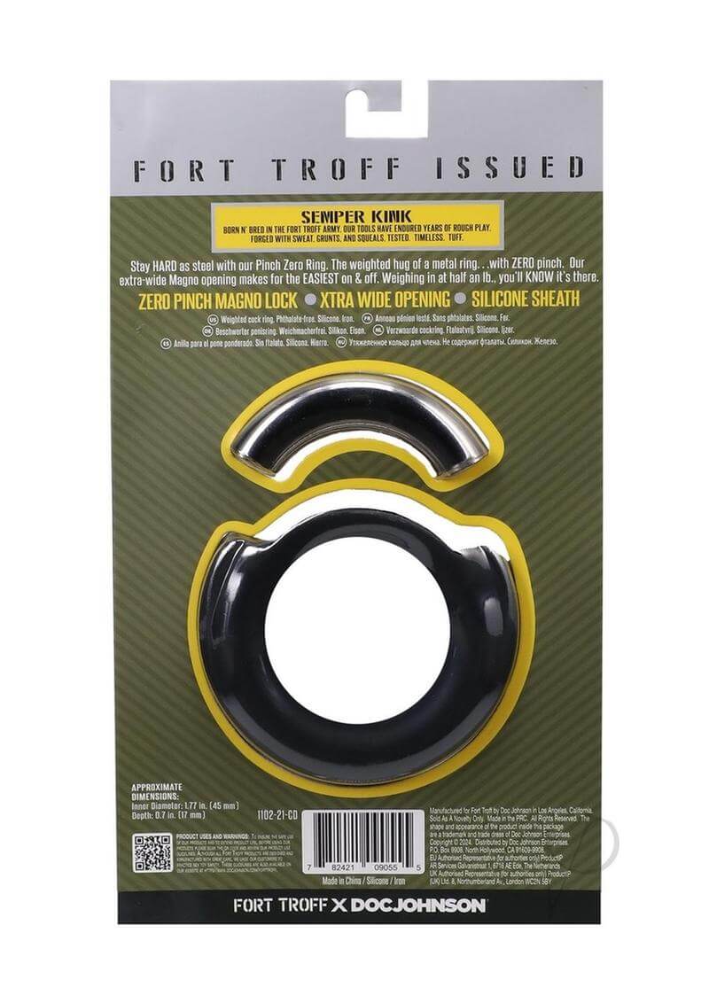 Fort Troff Pinch Zero Ring packaging featuring metal cock ring with silicone sheath and extra-wide Magno opening.