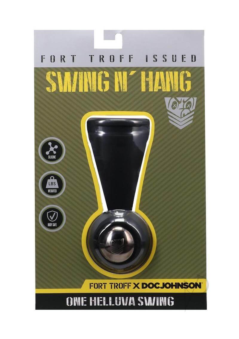 Fort Troff Swing N' Hang Black box packaging showcasing the weighted cock and ball ring designed for enhanced pleasure.