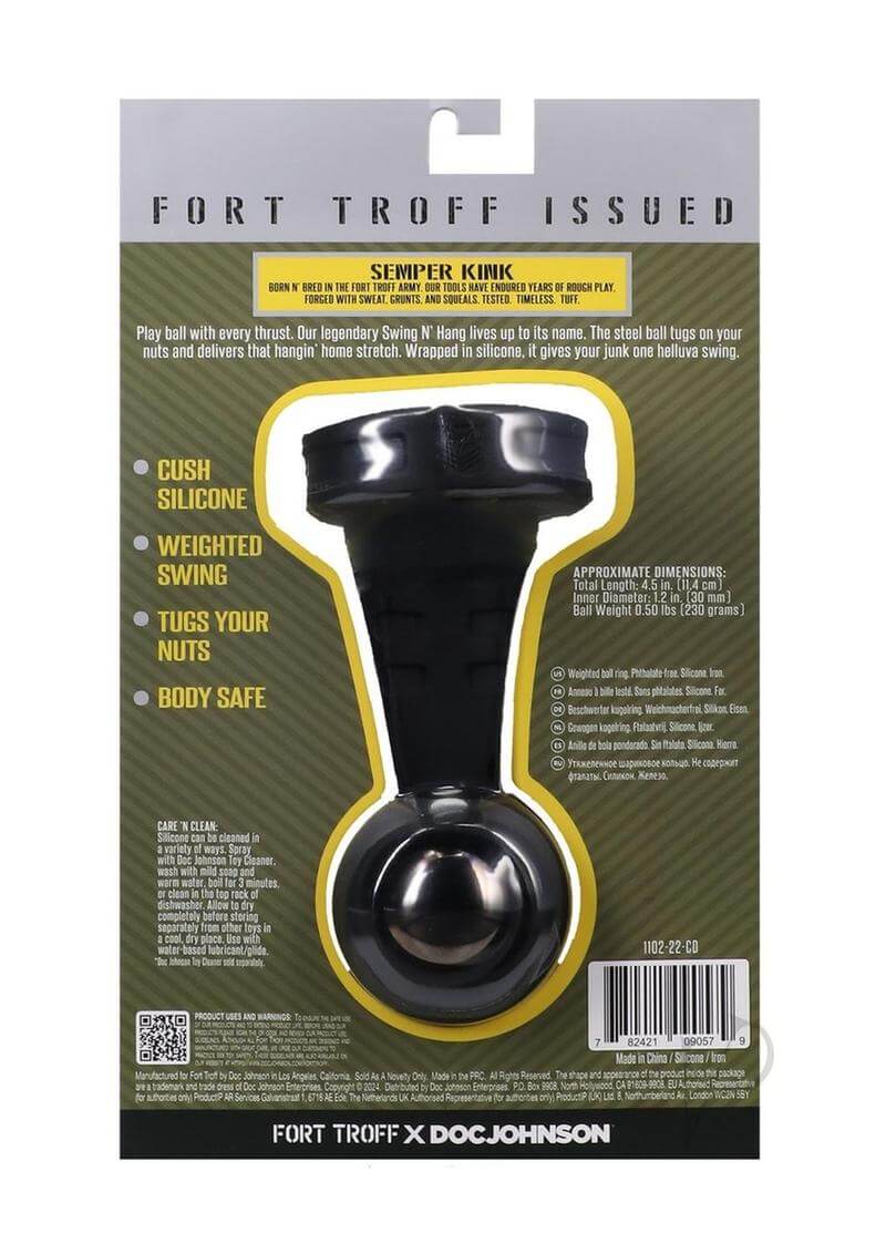 Fort Troff Swing N' Hang Black packaging featuring cush silicone, weighted design, and body-safe materials for enhanced pleasure.
