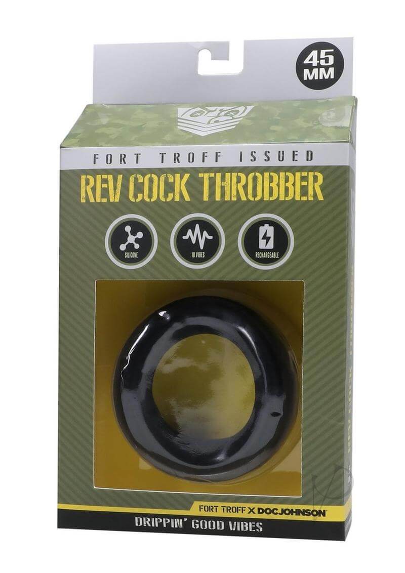 Fort Troff Rev Cock Throbber black vibrating cock ring packaging with remote and 10 settings for enhanced pleasure.
