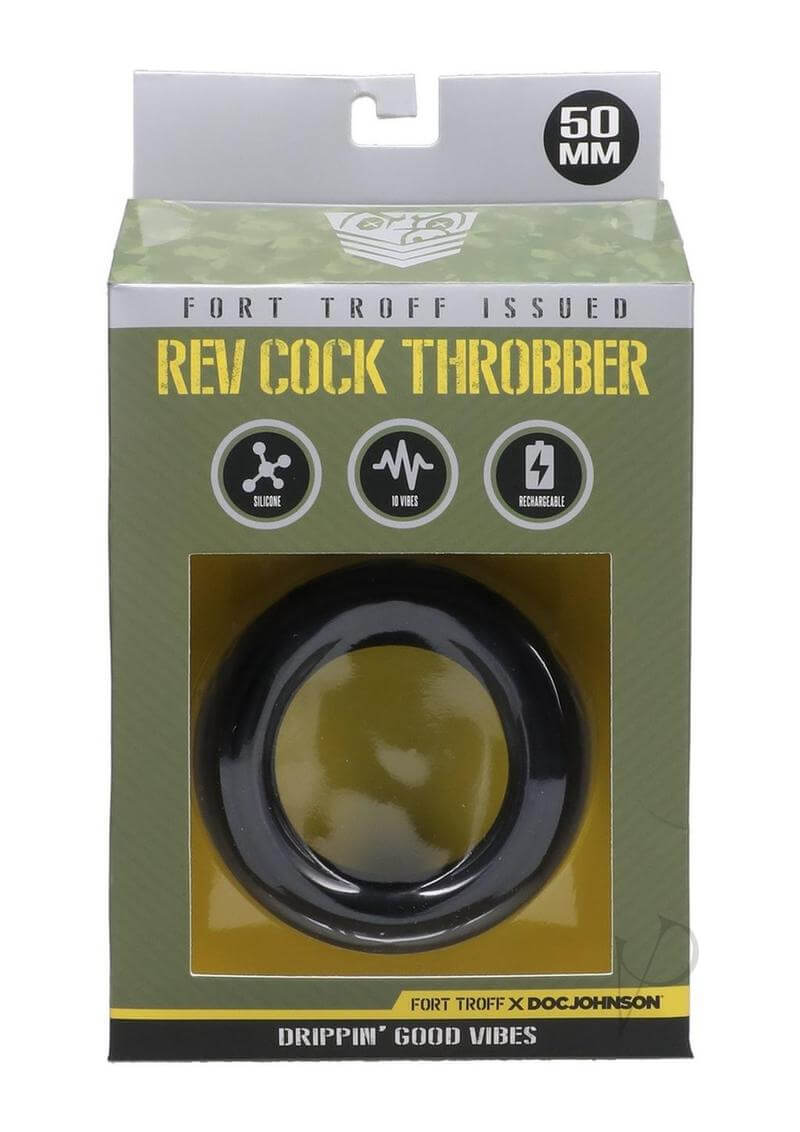 Fort Troff Rev Cock Throbber packaging showcasing a flexible vibrating cock ring designed for intense pleasure and comfort.