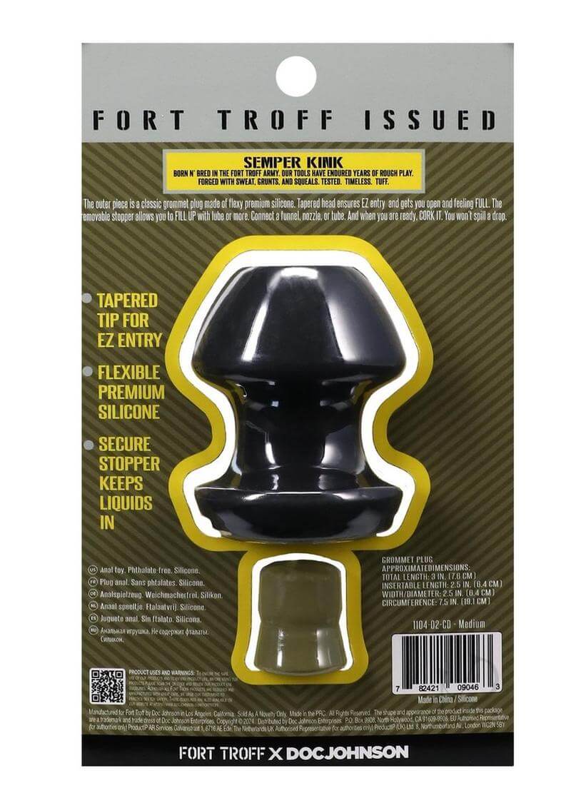 Fort Troff Kum Keeper Medium black silicone grommet plug packaging with removable stopper.