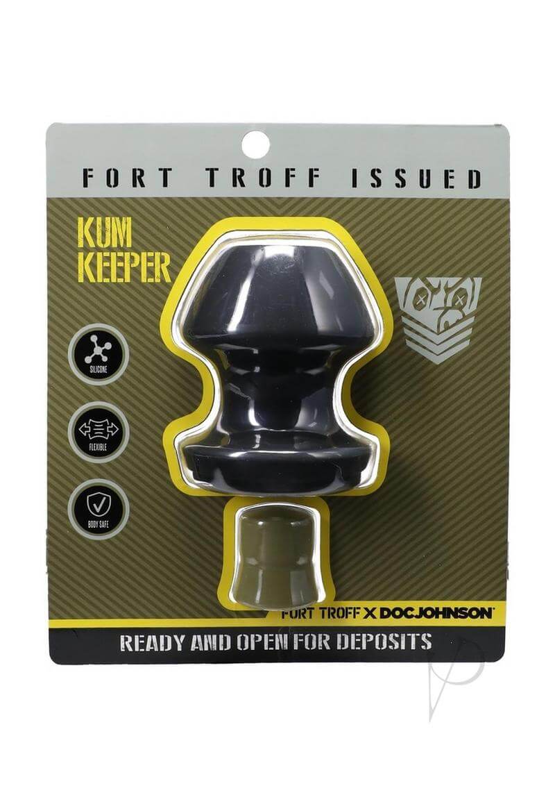 Fort Troff Kum Keeper Large Black Silicone Grommet Plug in packaging with removable stopper, designed for versatility and fullness