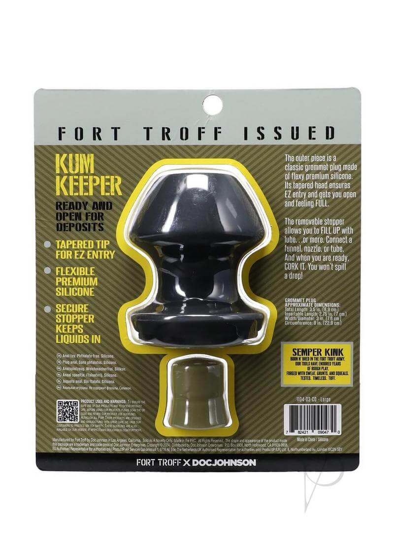 Fort Troff Kum Keeper Large black silicone grommet plug with removable stopper in packaging.