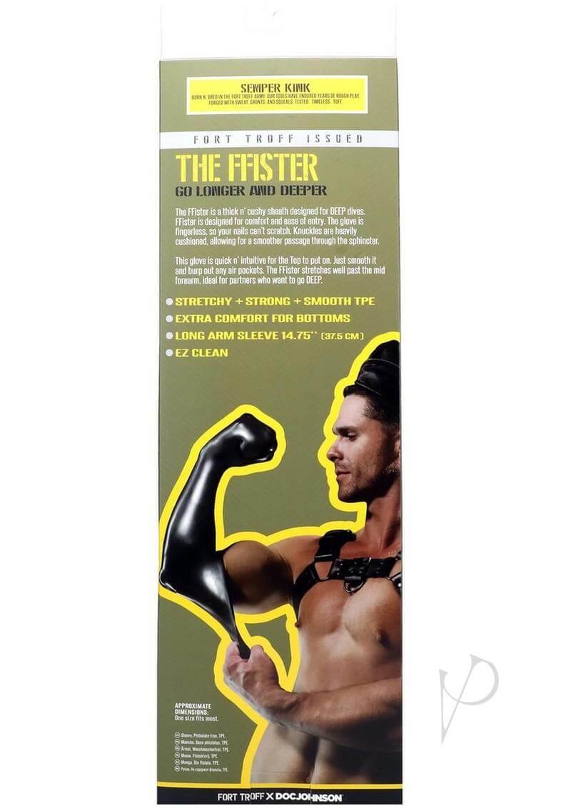 Fort Troff FFister packaging showing the fingerless sheath glove features and benefits for comfort and deeper experiences.