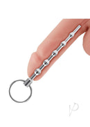 Blue Line Beaded Urethral Sound 4.5 Inch Stainless Steel held between fingers for urethral stimulation.