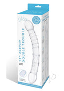 Glas Girthy Double Trouble 12 Inch Glass Dildo Clear in elegant packaging showcasing its features.