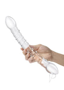 Glas Girthy Double Trouble 12 Inch Glass Dildo Clear held in hand, showcasing its double-ended design.
