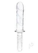 Glas Girthy Glass Cock Double Ended with Handle 11 Inch with detailed veiny texture and clear glass design.