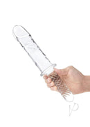 Glas Girthy Glass Cock Double Ended with Handle 11 Inch held in hand showcasing its lifelike design and clear glass finish.