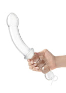 Glas Girthy Double Sided Glass Dong 12.5 Inch Clear held in hand showcasing its double-ended design.
