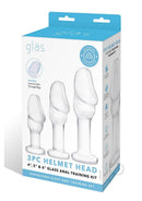Glas Helmet Head Glass Anal Training Kit 3 Piece Clear packaging showcasing 4, 5, and 6 inch plugs.