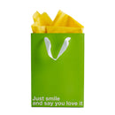 Just Smile and Say You Love It Color Gift Bag Green with yellow tissue paper and white handle.