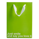 Just Smile and Say You Love It Color Gift Bag Green with white ribbon handle and humorous printed message.