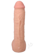 Realistic 12-inch ULTRASKYN dildo in vanilla with textured veins, lifelike design, and firm core for ultimate pleasure.