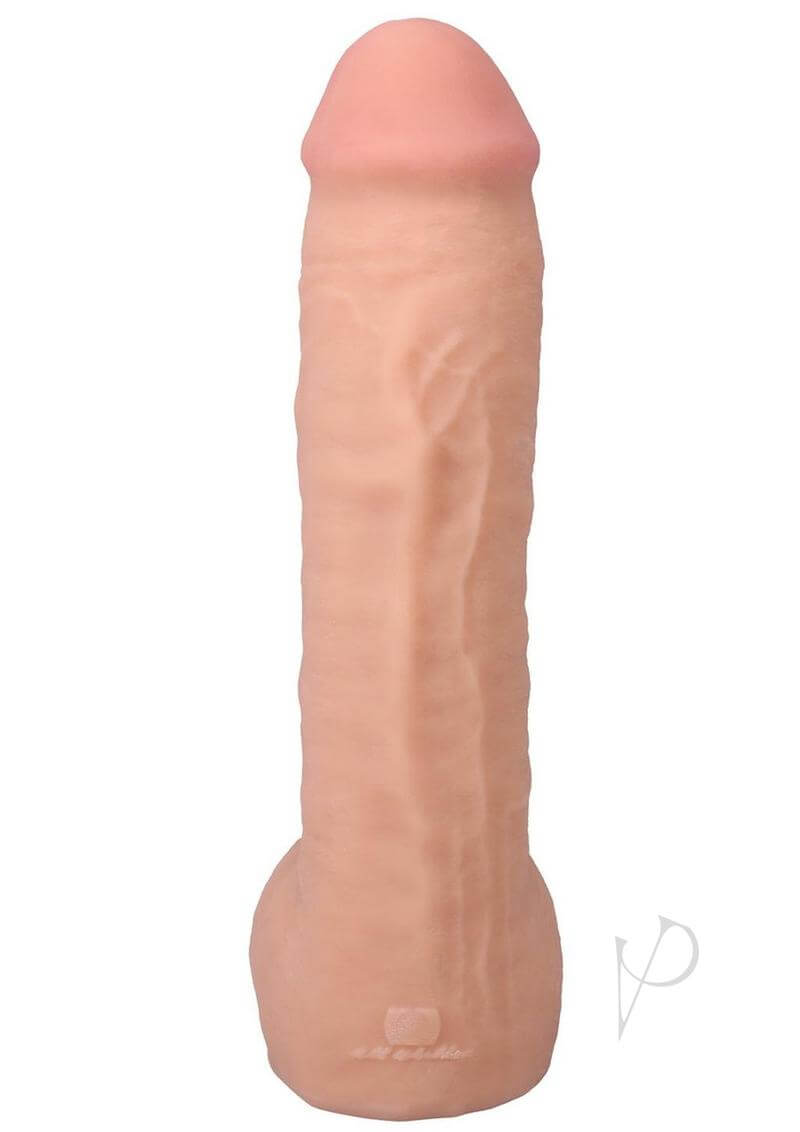 Realistic 12-inch ULTRASKYN dildo in vanilla with textured veins, lifelike design, and firm core for ultimate pleasure.