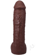 Realistic 12" ULTRASKYN dildo in chocolate with textured veins and suction cup base for hands-free pleasure.