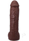 Realistic 12" ULTRASKYN dildo in chocolate with textured veins and suction cup base for hands-free pleasure.