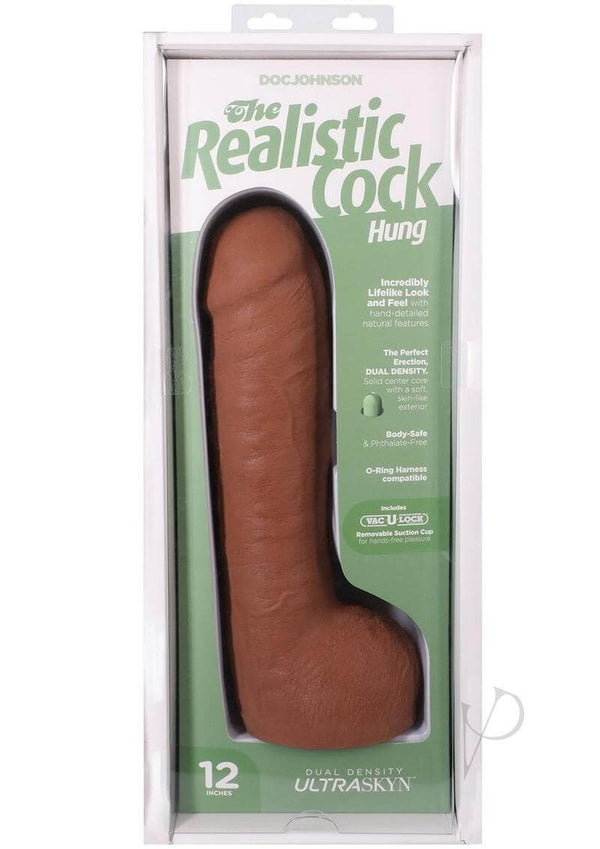 The Realistic Cock Hung 12" ULTRASKYN Dildo in Caramel packaging showcasing dual density design and suction cup base.