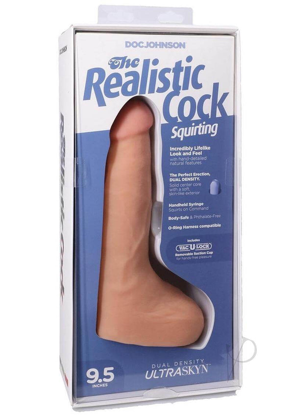 Realistic Cock Squirting 9.5-Inch ULTRASKYN Dildo in Vanilla packaging, showcasing lifelike design and features.