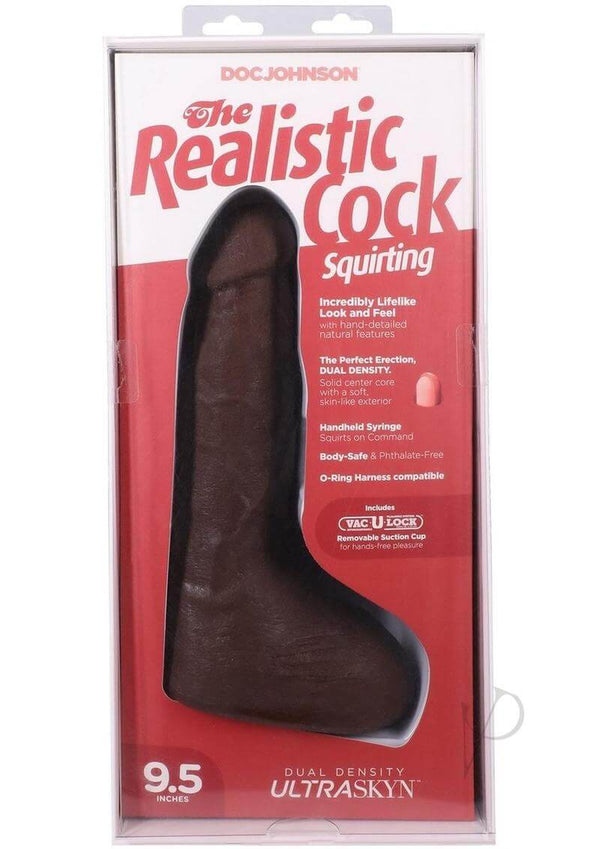 Realistic Cock Squirting 9.5-Inch ULTRASKYN Dildo Chocolate packaging showcasing lifelike design and features.