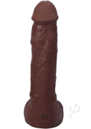 Realistic 9.5-inch chocolate dildo with detailed texture and lifelike design, featuring an anatomical shape and base.