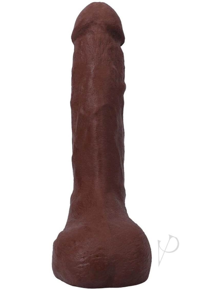 Realistic 9.5-inch chocolate dildo featuring detailed texture and anatomical design for lifelike sensations.