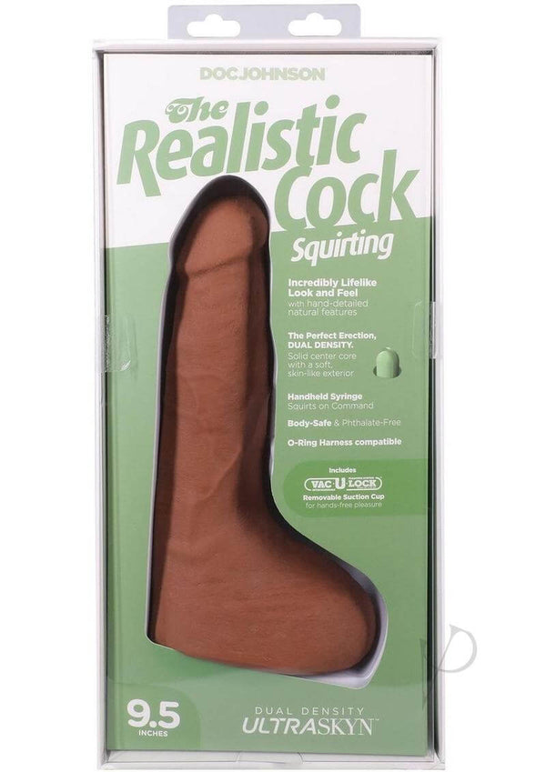 Realistic Cock Squirting 9.5-Inch ULTRASKYN Dildo in Caramel packaging featuring lifelike design and syringe for added stimulation.